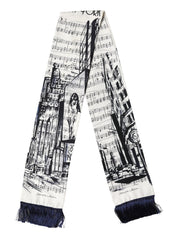 Dolce & Gabbana White Black Music City Print Silk Fringe 141cm X 15cm Scarf