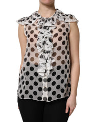 Dolce & Gabbana White Black Polka Dot Cotton Sleeveless Top - Blouses