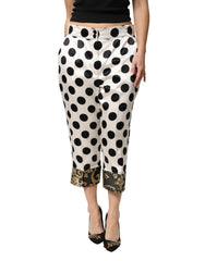 Dolce & Gabbana White Black Polka Dot Silk Mid Waist Cropped Pants - IT48|XXL