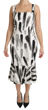 Dolce & Gabbana White Black Printed Sheath Midi Viscose Dress - Dresses