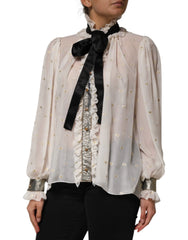 Dolce & Gabbana White Black Silk Long Sleeve Ascot Collar Top - IT42|M - Blouses
