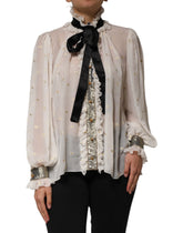Dolce & Gabbana White Black Silk Long Sleeve Ascot Collar Top - IT42|M - Blouses