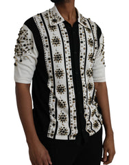 Dolce & Gabbana White Black Silk Studded Stone Crystal Shirt - IT50 | L - Shirts