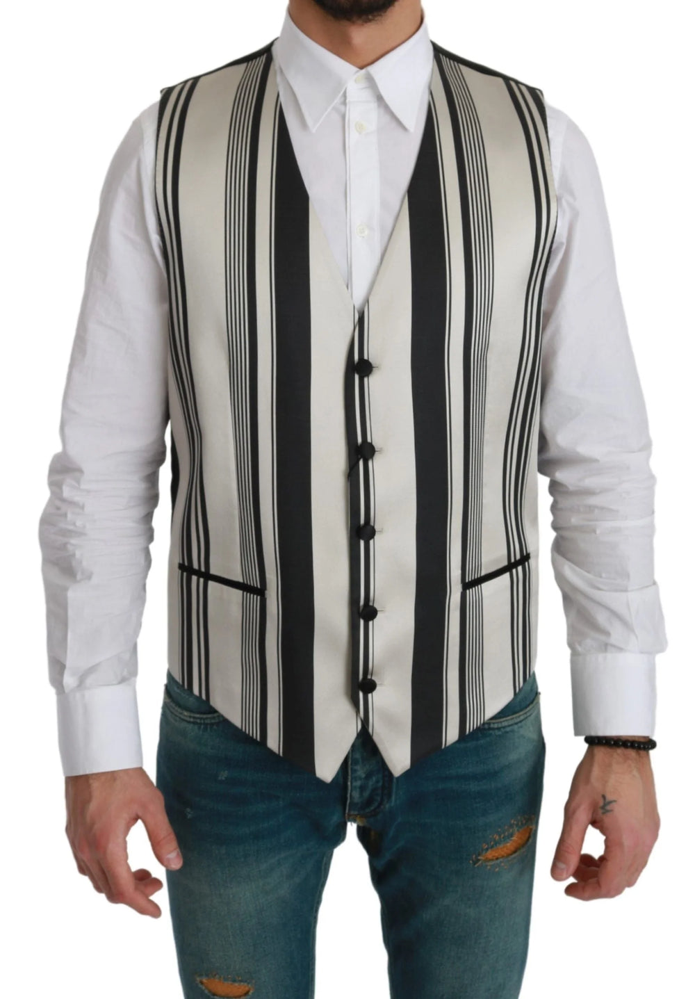 Dolce & Gabbana White Black Stripes Waistcoat Formal Vest - IT48 | M - Vests