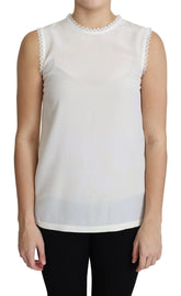 Dolce & Gabbana White Blouse Silk Lace Trimmed Sleeveless Top - IT38|XS - Blouses