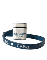 Dolce & Gabbana White Blue Calf Leather Logo Print Strap Airpods Case - Headphone Carrying Cases