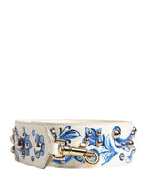 Dolce & Gabbana white calf leather shoulder strap featuring blue floral print and gold-tone metal studs.