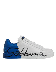 Dolce & Gabbana White Blue Leather Logo Low Top Sneakers Shoes - Sneakers