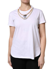 Dolce & Gabbana White Chain Pearl Cotton Round Neck T-shirt - IT42|M - T-Shirts