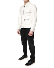 Dolce & Gabbana White Collared Full Zip Biker Coat Jacket - IT48 | M - Coats & Jackets