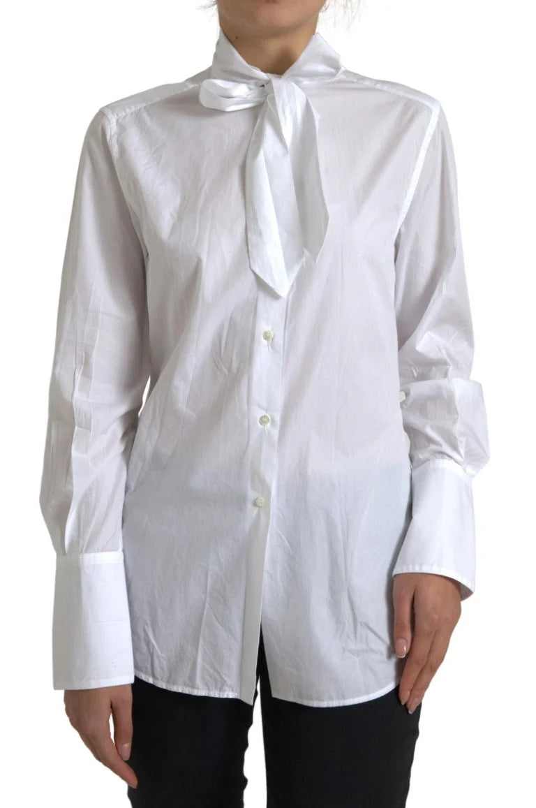 Dolce & Gabbana White Cotton Ascot Collar Long Sleeves Top - Shirts