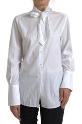 Dolce & Gabbana White Cotton Ascot Collar Long Sleeves Top - Shirts