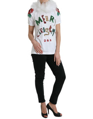Dolce & Gabbana White Cotton Christmas Sequin Fur T-shirt - T-Shirts