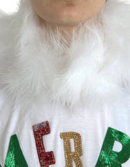Dolce & Gabbana White Cotton Christmas Sequin Fur T-shirt - T-Shirts