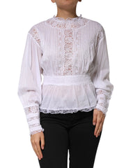 Dolce & Gabbana White Cotton Floral Lace Long Sleeves Top - IT44 | L - Blouses