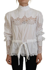 Dolce & Gabbana White Cotton Lace Trim Turtle Neck Blouse Top - IT40|S - Blouses