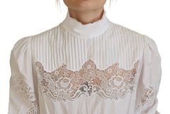 Dolce & Gabbana White Cotton Lace Trim Turtle Neck Blouse Top - IT40|S - Blouses