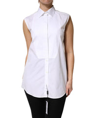 Dolce & Gabbana White Cotton Pleated Sleeveless Button Down Top - IT44 | L