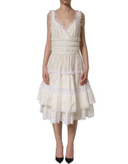 Dolce & Gabbana White Cotton Poplin Ruffled Midi Dress - IT36|XXS