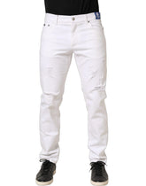 Dolce & Gabbana White Cotton Ripped Slim Fit Men Denim Jeans - IT50 | L