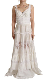 Dolce & Gabbana White Cotton Tiered Long Maxi A-line Dress - IT40|S - Dresses