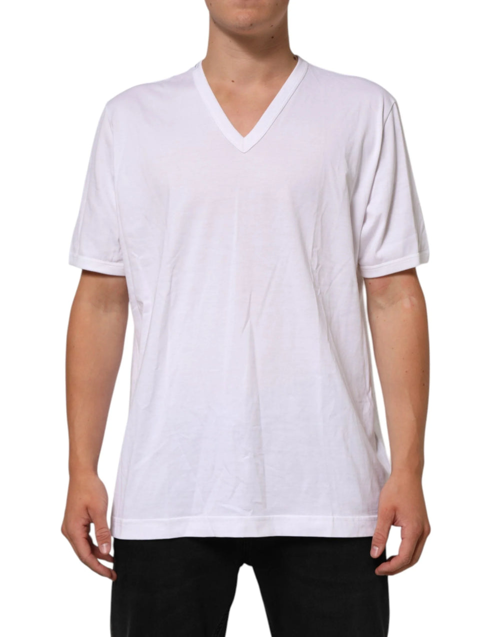 Dolce & Gabbana White Cotton V-Neck Short Sleeves T-shirt - IT60 | 3XL