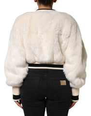 Dolce & Gabbana White Cropped Faux Fur DG Sweatshirt Sweater - Sweatshirts