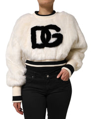 Dolce & Gabbana White Cropped Faux Fur DG Sweatshirt Sweater - Sweatshirts