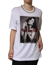Dolce & Gabbana White Crystal Neckline Embellished Printed T-shirt - IT36 | XS - T-Shirts