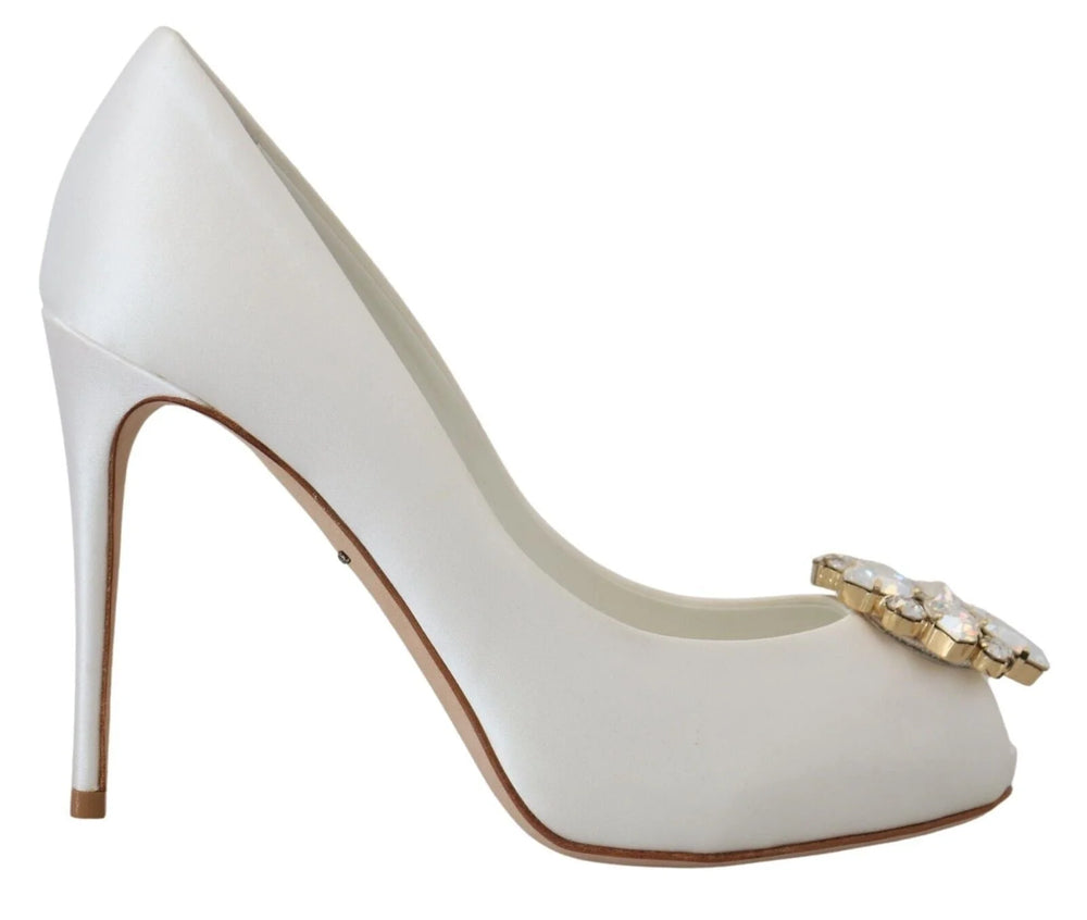Dolce & Gabbana White Crystals Peep Toe Heel Satin Pumps - EU36/US5.5 - Heels