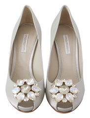 Dolce & Gabbana White Crystals Peep Toe Heels Satin Pumps Shoes - Heels