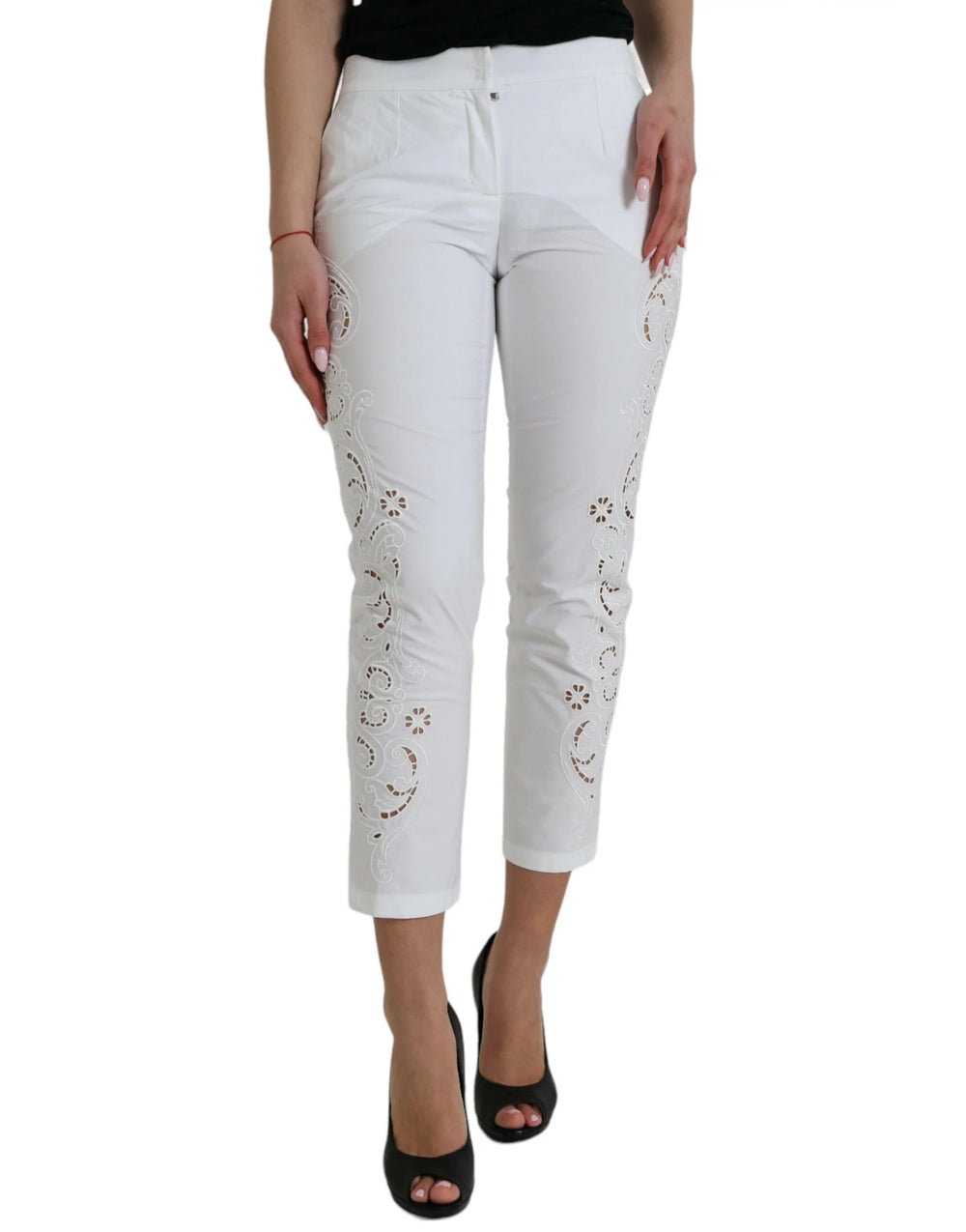Dolce & Gabbana White Cut Out Cotton Mid Waist Cropped Pants - IT38 | XS - Trousers