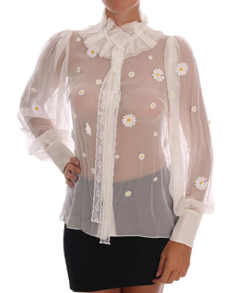 Dolce & Gabbana White Daisy Applique Silk Shirt - IT38 | S - Blouses