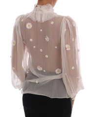 Dolce & Gabbana White Daisy Applique Silk Shirt - IT38 | S - Blouses
