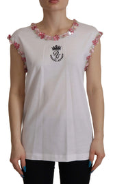 Dolce & Gabbana White DG Crown Floral Sequin T-shirt - IT38|XS - T-Shirts