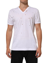 Dolce & Gabbana White Distressed Cotton V Neck Men T-shirt - IT48 | M - T-Shirts