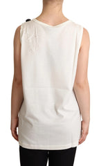 Dolce & Gabbana White Dog Floral Print Embellished T-shirt - IT38|XS - Tank Tops