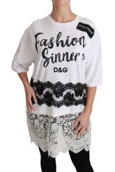 Dolce & Gabbana White Fashion Sinner Cotton Lace T-shirt Top - IT38|XS - T-Shirts