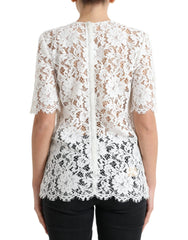 Dolce & Gabbana White Floral Lace Cotton Round Neck Blouse Top - IT40|S - Blouses