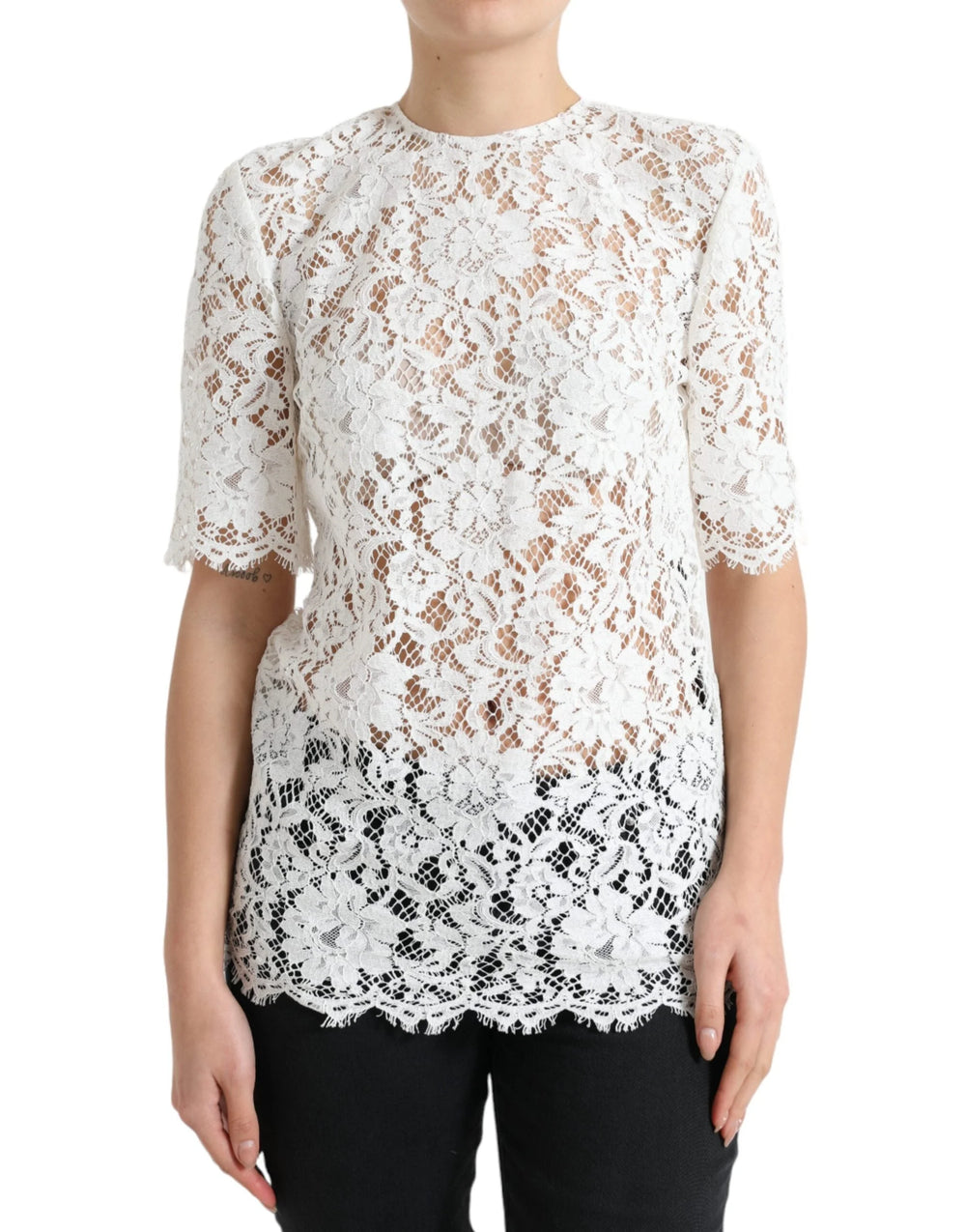 Dolce & Gabbana White Floral Lace Cotton Round Neck Blouse Top - IT40|S - Blouses