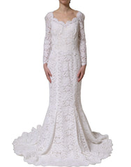 Dolce & Gabbana White Floral Lace Mermaid Long Gown Dress - IT36|XXS