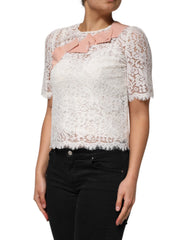 Dolce & Gabbana White Floral Lace Short Sleeves Blouse Top - Blouses
