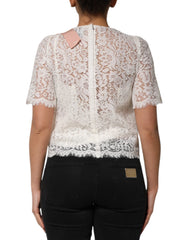 Dolce & Gabbana White Floral Lace Short Sleeves Blouse Top - Blouses