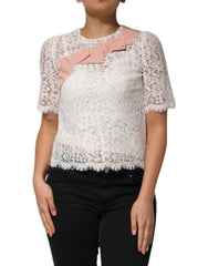 Dolce & Gabbana White Floral Lace Short Sleeves Blouse Top - Blouses