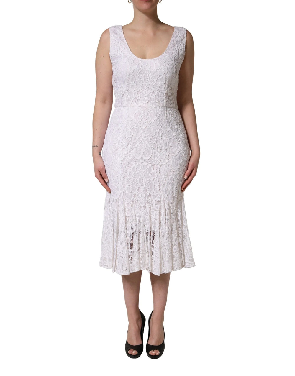 Dolce & Gabbana White Floral Lace Sleeveless Midi Dress - IT48|XXL