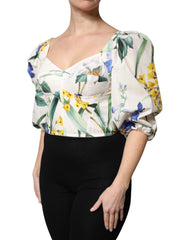 Dolce & Gabbana White Floral Puff Sleeves Crop Blouse Top - IT40|S - Blouses