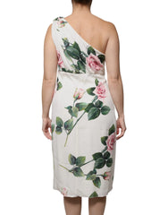 Dolce & Gabbana White Floral Silk One Shoulder Midi Dress - Dresses
