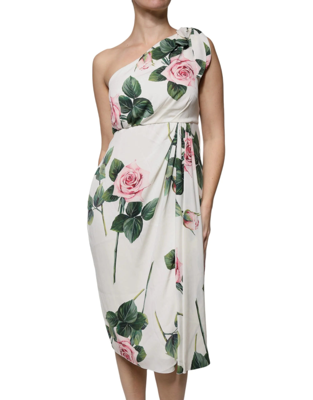 Dolce & Gabbana White Floral Silk One Shoulder Midi Dress - Dresses