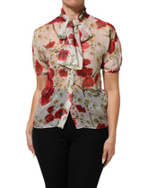 Dolce & Gabbana White Floral Tie-Neck Poppy Print Blouse Top - IT36|XXS - Blouses
