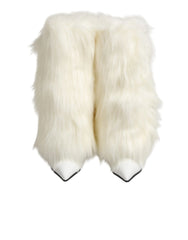 Dolce & Gabbana White Fur Pointed Knee High Stiletto Boots Shoes - EU38/US7.5